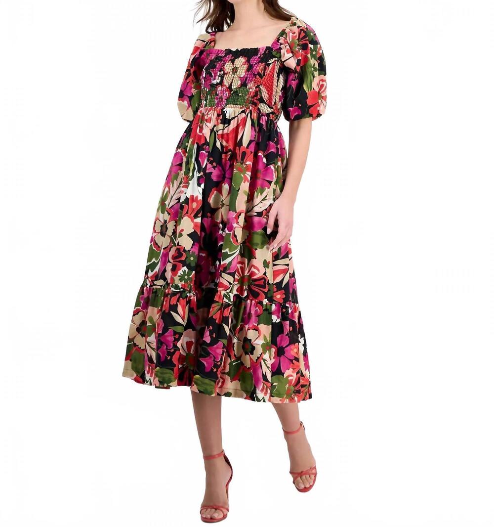 NEW ANNE KLEIN women's smocked puff-sleeve midi dress in floral multi